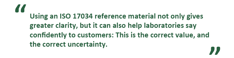 Using a 17034-certified RM not only gives greater clarity, but it can also help laboratories say confidently to customers: This is the correct value, and the correct uncertainty