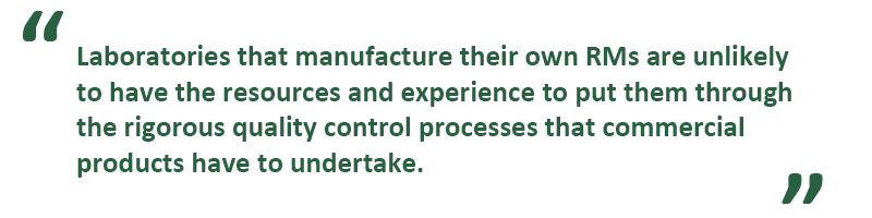 Laboratories that manufacture their own RMs are unlikely to have the resources and experience to put them through the rigorous quality control processes that commercial products have to undertake